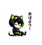 黒×緑パーカーの黒髪猫耳男子スタンプ（個別スタンプ：2）