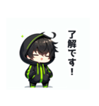 黒×緑パーカーの黒髪猫耳男子スタンプ（個別スタンプ：3）