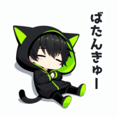 [LINEスタンプ] 黒×緑パーカーの黒髪猫耳男子スタンプの画像（メイン）